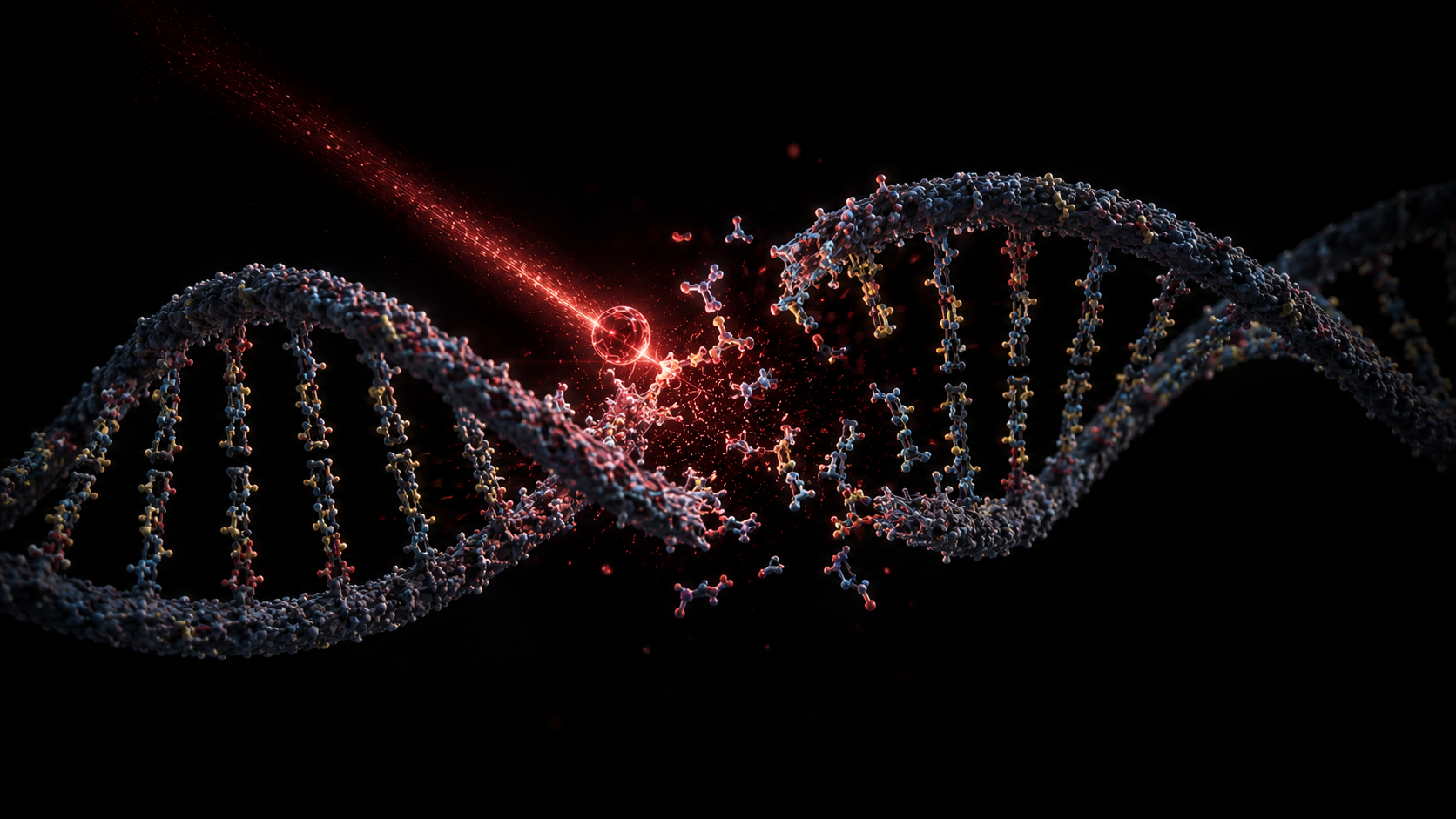 Heavy ion particle striking a DNA double helix, creating a clean structural break